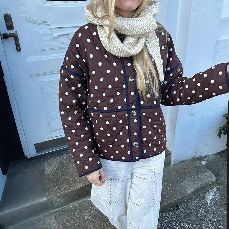 

【Gift Free】 French Chic Polka Dot Trim Lightweight Quilted Jacket 2025 Fall Winter Loose Slimming Round Neck Cotton Coat