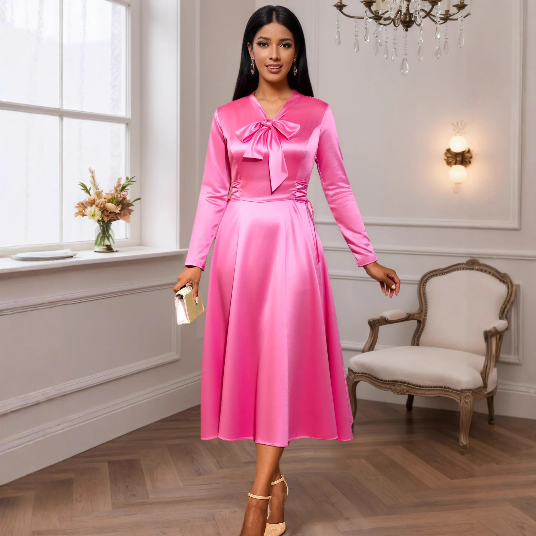 

Elegant Autumn Satin Long-Sleeved Dress with Stand-Up Collar Bow Tie Cinched Waist Evening Gown for Women