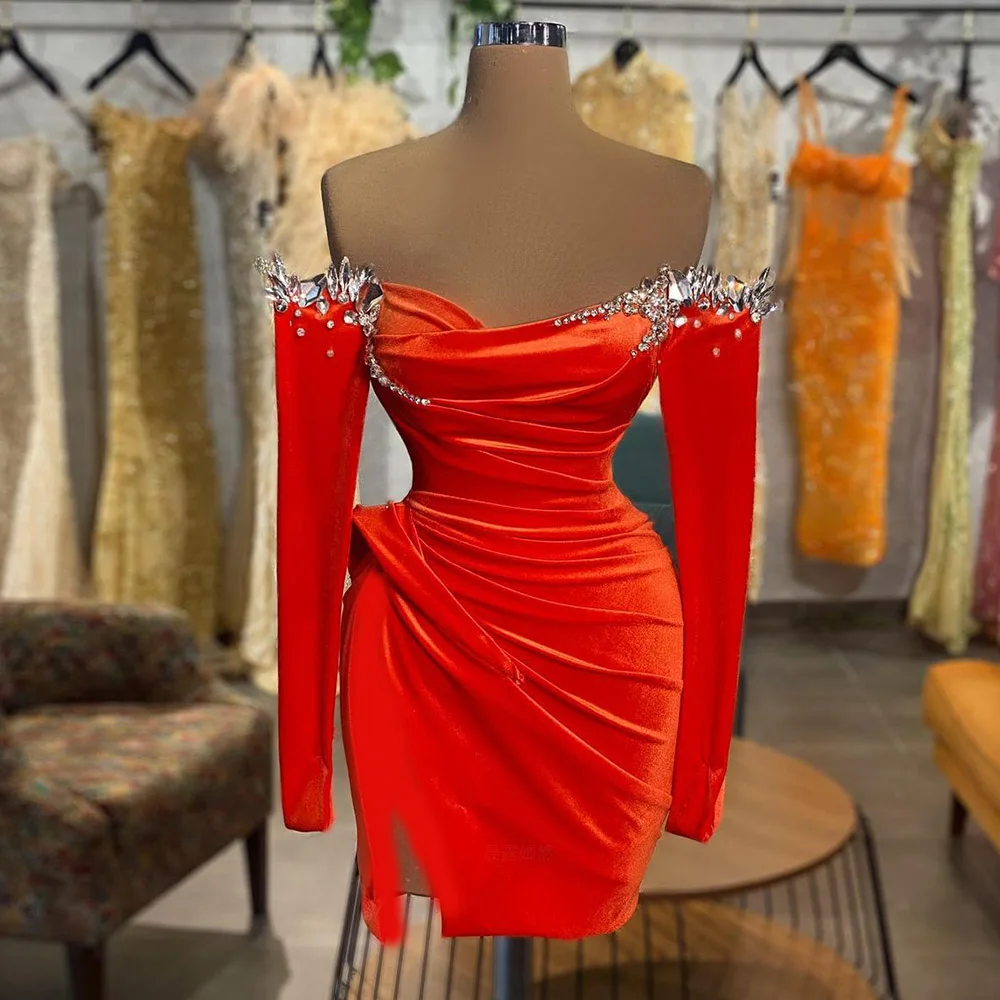 Orange Cocktail Dresses Luxury Bead Crystal Mini Party Dress For Women 2024 Off-The-Shoulder Sheath Prom Gowns robes de soirée