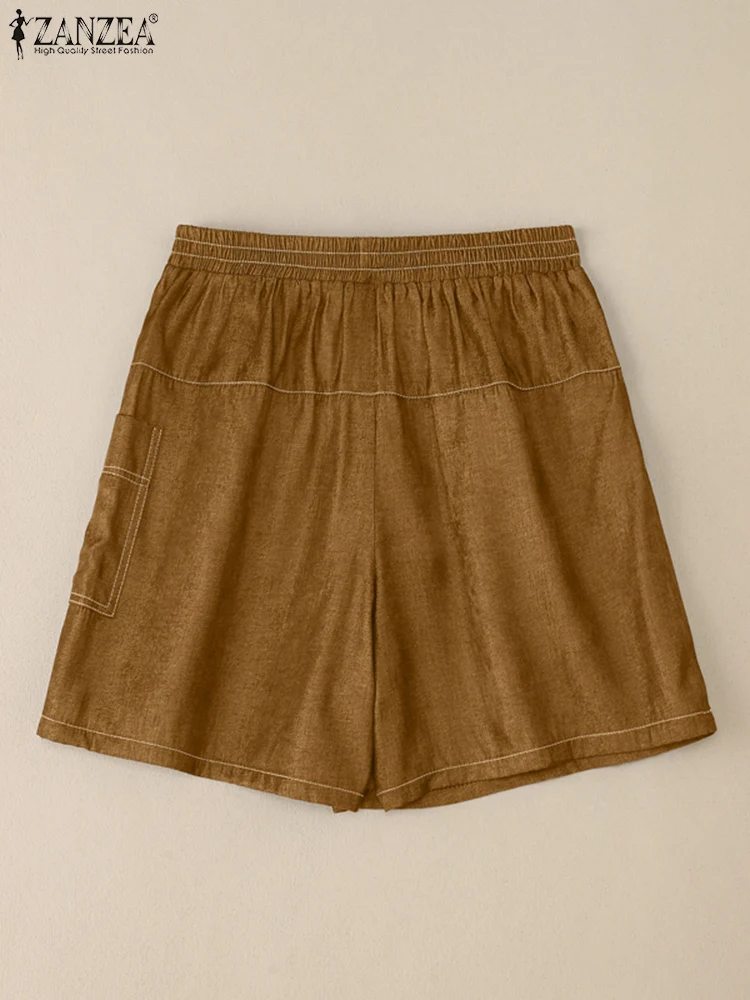 2025 ZANZEA Vintage Women Shorts Skirts Denim Bottoms Fashion Pockets Solid Elastic Waist Pantalons Casual Wide Leg Short Pants