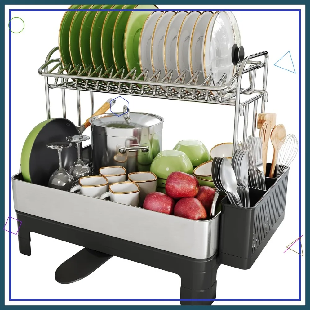 

Extra Large Two Tier Stainless Steel Dish Drainer with Drainboard, Modern Black and Silver, Rust Proof Metal for Kitchen Counter