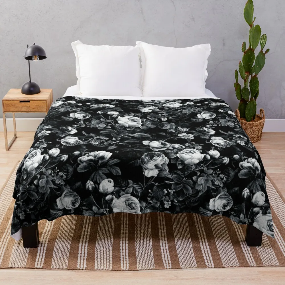 

Roses Black and White Throw Blanket double summer blanket blanket for travel light Large knit plaid