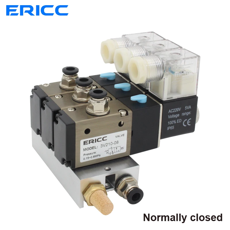 

3V110-06-NC Normally closed Electromagnetic Solenoid Valve Block With Muffler Fitting Base Manifold DC12v 24v AC110v 220v 3 port