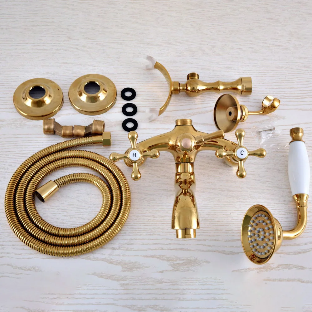 Luxury Gold Color Brass Wall Mount Bathroom Bath Tub Faucet Set WITH/ 1.5M Handheld Shower Spray Head Mixer Tap Dna954