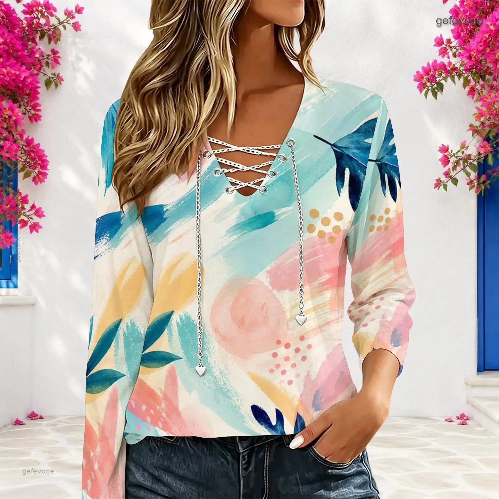 Women Pastel Abstract Tropical Leaf Brushstroke Printed V Neck Long Sleeve Top with Chain Lace Up