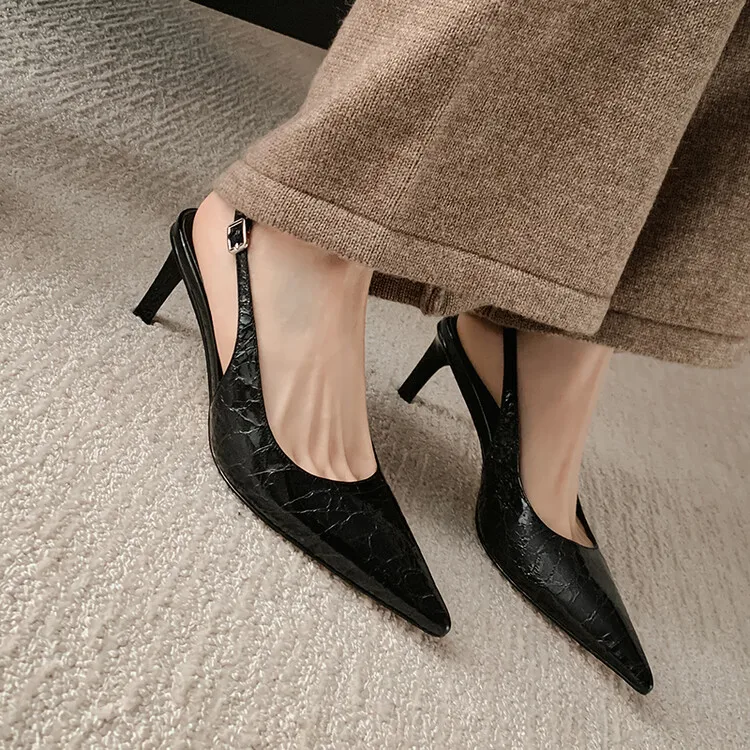 Luxury Black Genuine Leather Women Pumps Summer Fashion Slingback Thin High Heels Vintage Wine Red Dress Sandalias Femmes