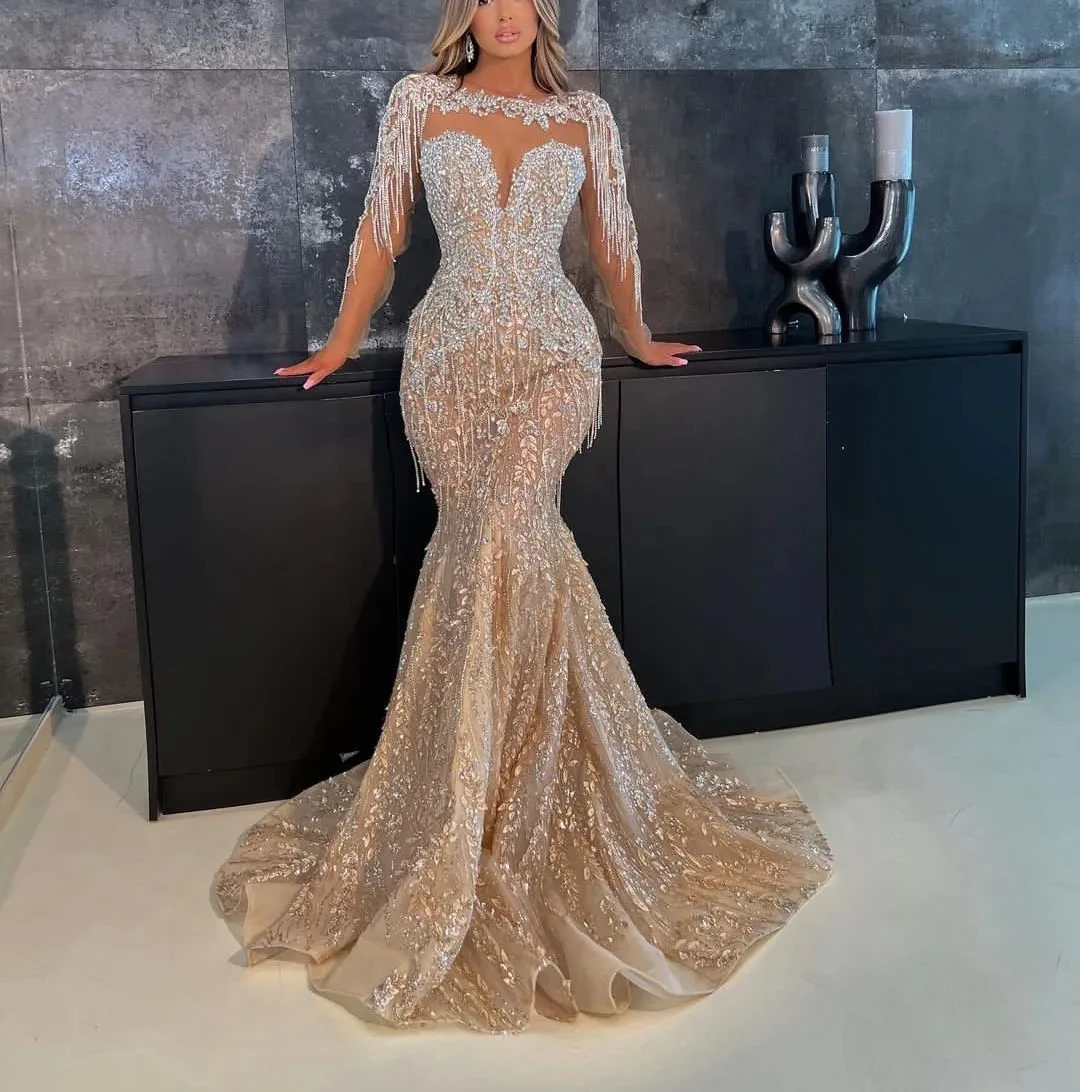 

Glamorous Prom Dresses Crystal Tassel Beading Mermaid Evening Gowns Long Sleeves Custom Made Robe De Soirée