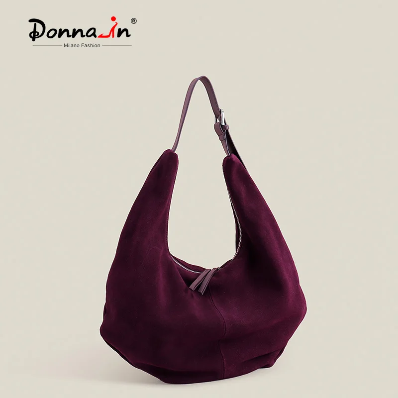 Donna-in Hobo-Tasche aus natürlichem Wildleder, echtes Leder, lässige, lässige Umhängetasche, Umhängetasche, großes Fassungsvermögen