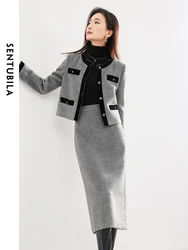 SENTUBILA Light Grey Wool Blend Tweed Set O-neck Cropped Woolen Coat Split Midi Skirt 2024 Spring New In Matching Sets 134Z52773