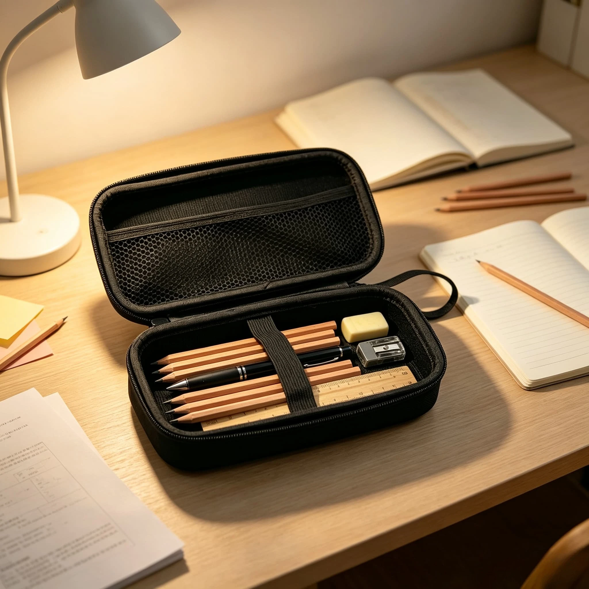 Hard EVA Portable Pencil Case Shockproof Large Capacity Stationery Bag with Mesh Pocket & Elastic Strap, for Pencils Pen Ruler