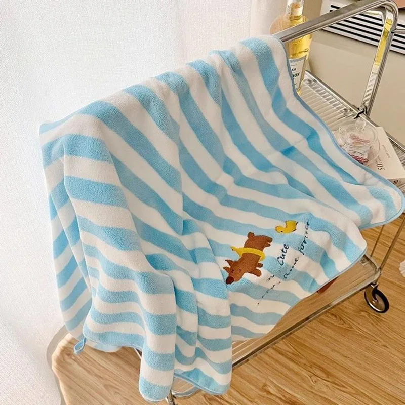Cartoon Dog Embroidered Striped Bath Towel Cute Coral Fleece Absorbent Towel Blanket for Adults Soft Newborn Swaddle Wrap Towel