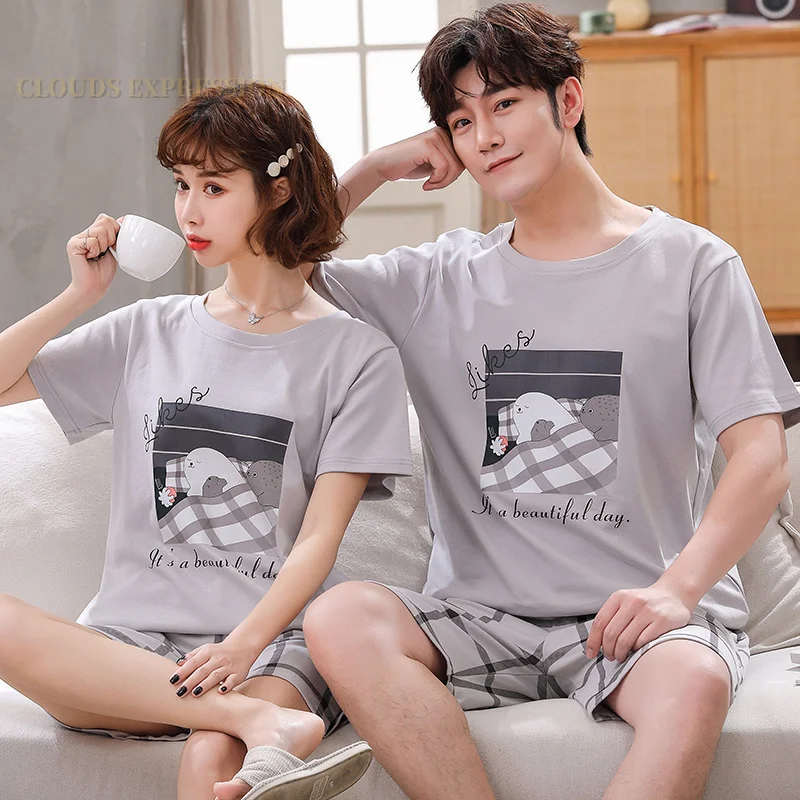 Summer 100% Cotton Cartoon Print Couple Pajama Sets Pyjamas Kawaii Sleep Lounge Short Yellow Sleepwear Suits Pajamas for Lovers