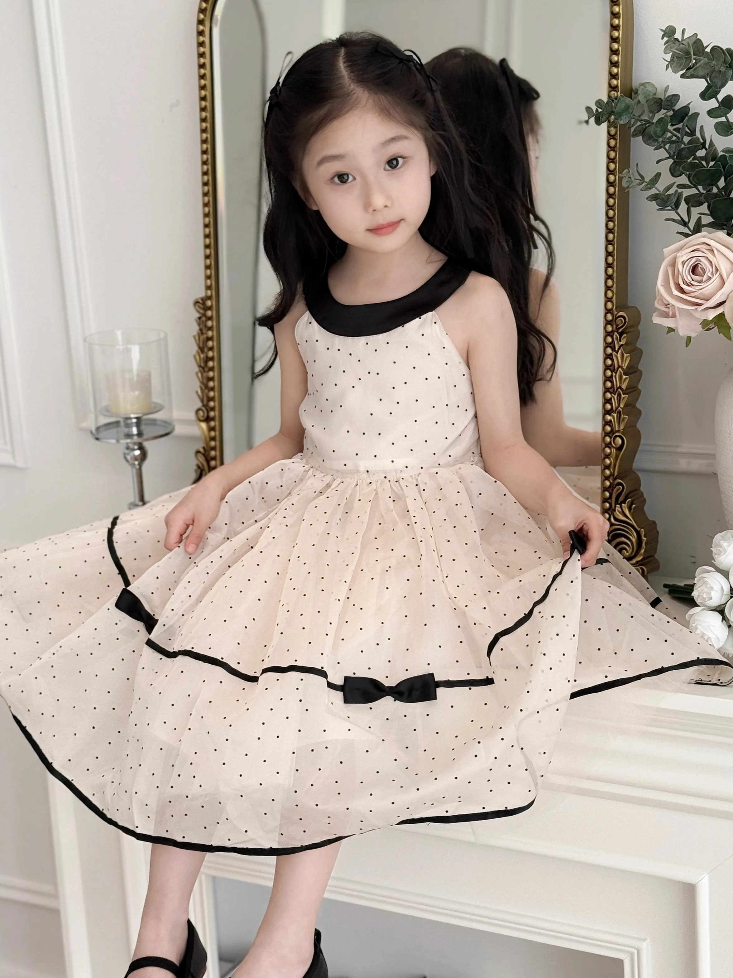Vestido de Princesa com Poás para Meninas com Laço e Saia Puff, Moda Infantil Estilo Coreano