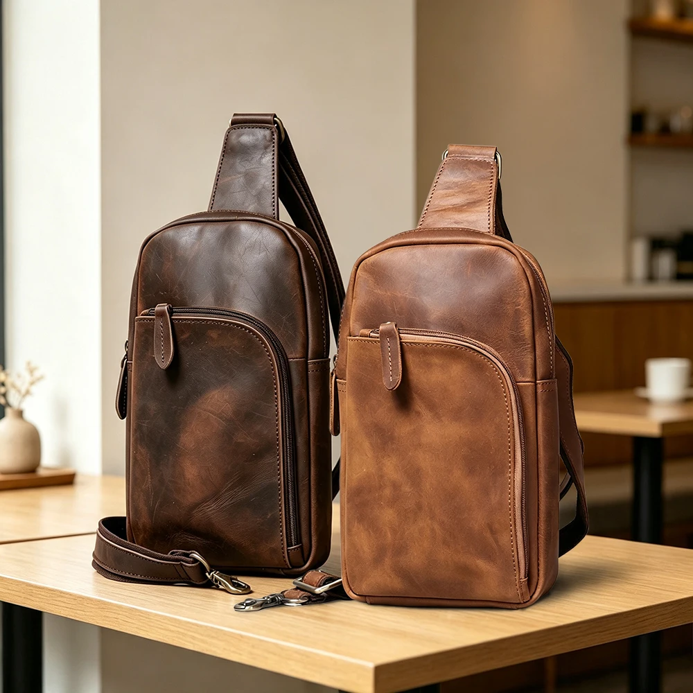 Vintage Crazy Horse Leather Sling Bag for Men, Genuine Cowhide Crossbody Chest Bag, Multi‑Functional Real Leather Shoulder Pack