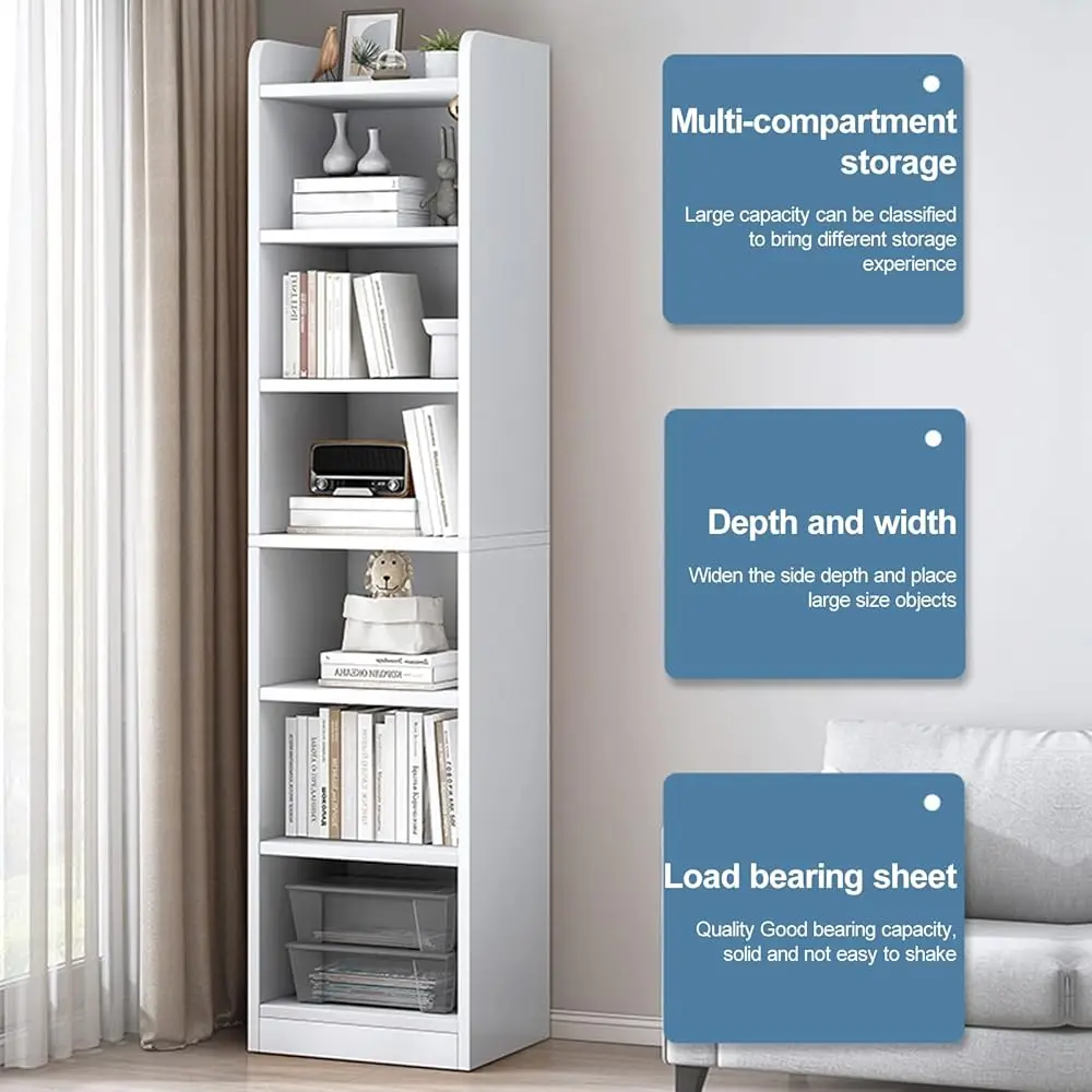 6-Tier Open Bookcase And Bookshelf, Tall Bookshelf Narrow Bookshelfs Freestanding Display Storage Shelves Tall Bookcase For