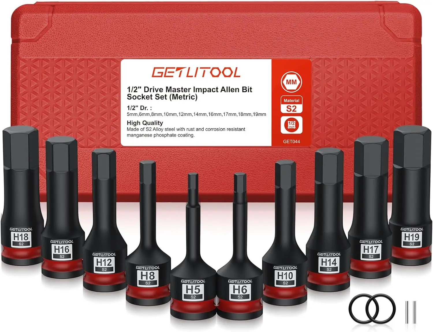 

GETLITOOL 10Pcs 1/2" Drive Metric S2 Steel Hex Bit Sockets 5mm-19mm w/Case