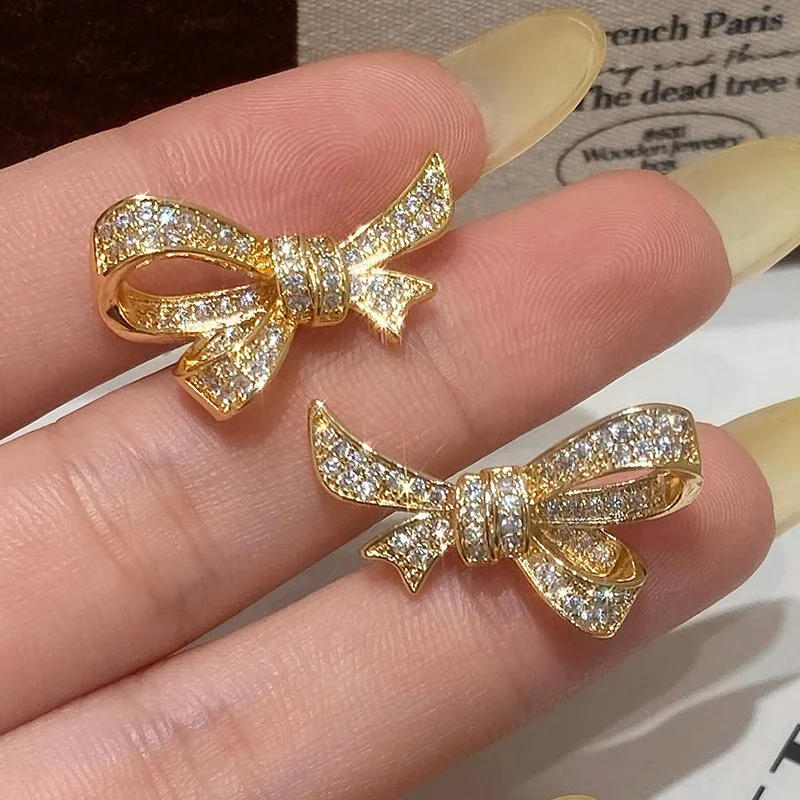

Real 925 Sterling Silver 18K Gold Zircon Bowknot Stud Earring for Women Minimalist Trendy Fine Jewelry Light Luxury Accessories