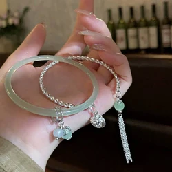 1Pcs Simple Fashion Green Bangle Tassel Double Spell Silver Opening Adjustable Bracelet For Women Vintage Jewelry Gifts