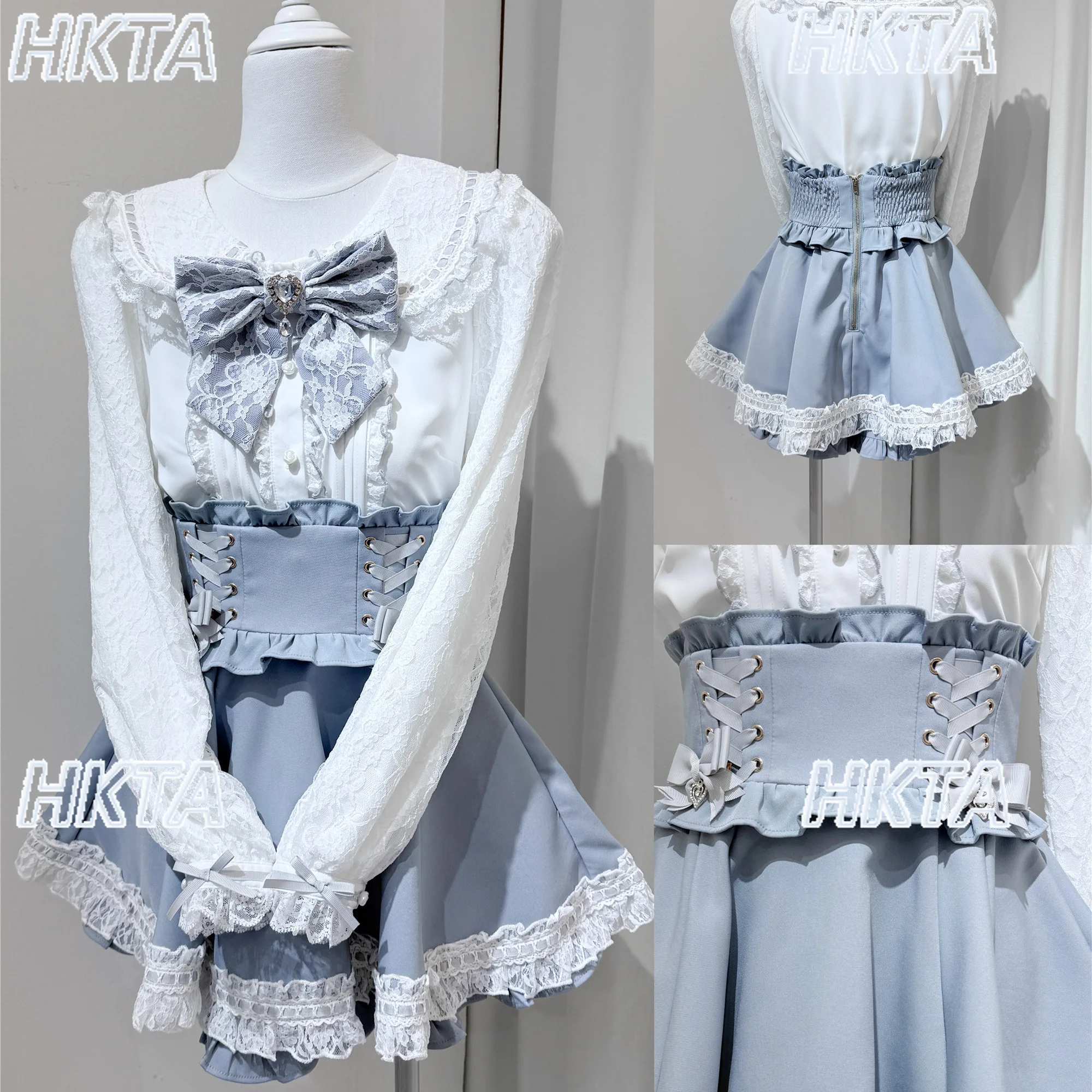 Giapponese 2025 Autunno Nuovo Dolce Colletto della Bambola Camicia a Maniche Lunghe con Fiocco in Pizzo Top a Vita Alta Sottile Gonna A Pieghe Nera Culottes Set da Donna