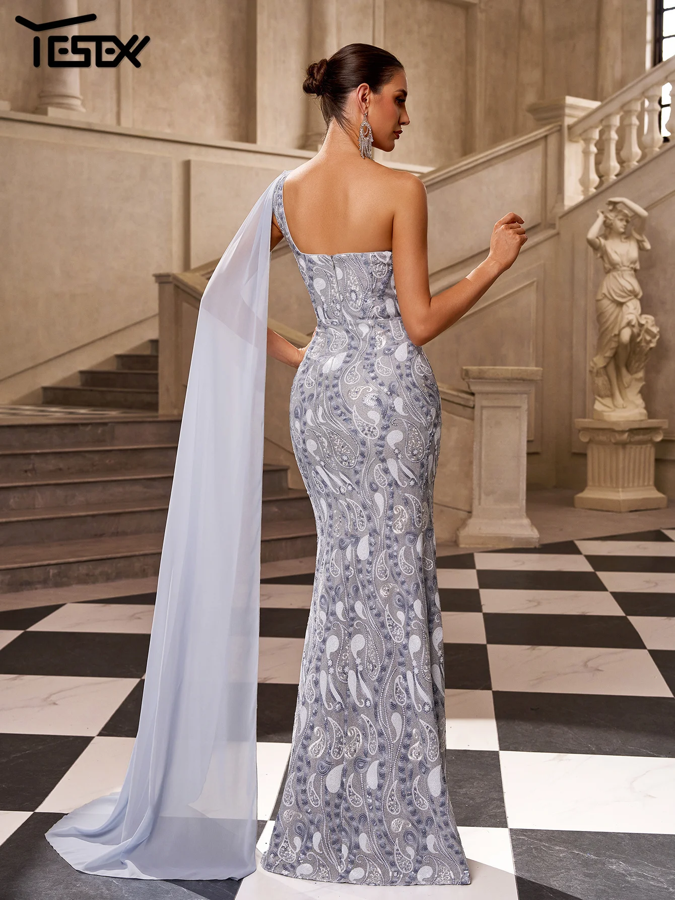 Yesexy nouvelle robe de soirée de Cocktail à paillettes asymétrique épaule dénudée Sexy de haute qualité de luxe élégante belle robe fendue longueur de plancher pour femmes