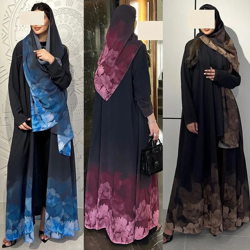 

Muslim Two Piece Headscarf With Open Abaya For Woman Elegant Casual Loose Moroccan Saudi Dubai Cardigan Stylish Kaftan Clothing