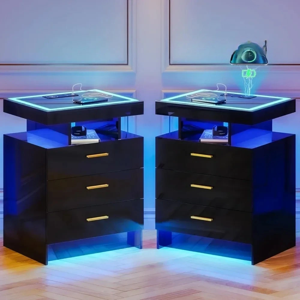 Modern Bedside Table 2 Set Nightstands With Wireless Charging Station, Auto Sensor 3 Color Dimmable LED Night Stand