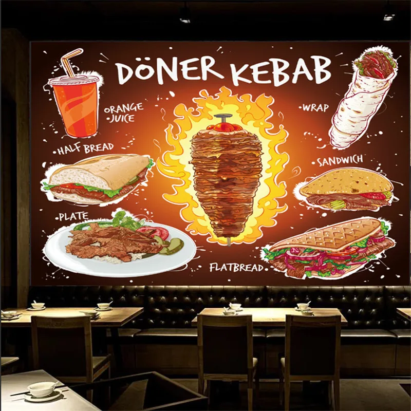 Custom Hand Drawn Doner Kebab Flat Bread Sandwich Plate with Orange Juice Mural Wallpaper Fast Food Restaurant Wall Paper 3D