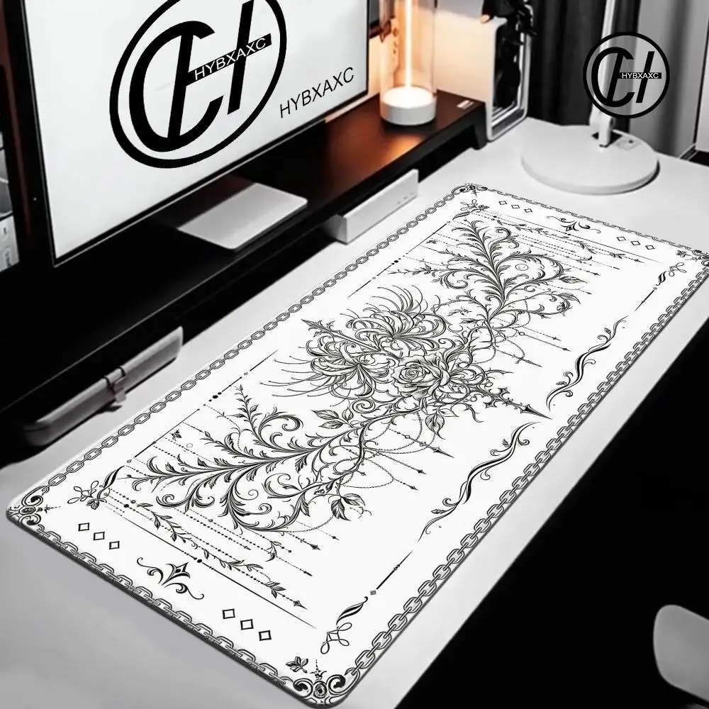 Gothic Desk Mat Vintage Lace Frame Rose Filigree Ornament Mouse Pad Non‑Slip Rubber Stitched Edge Keyboard Mat Office Decor