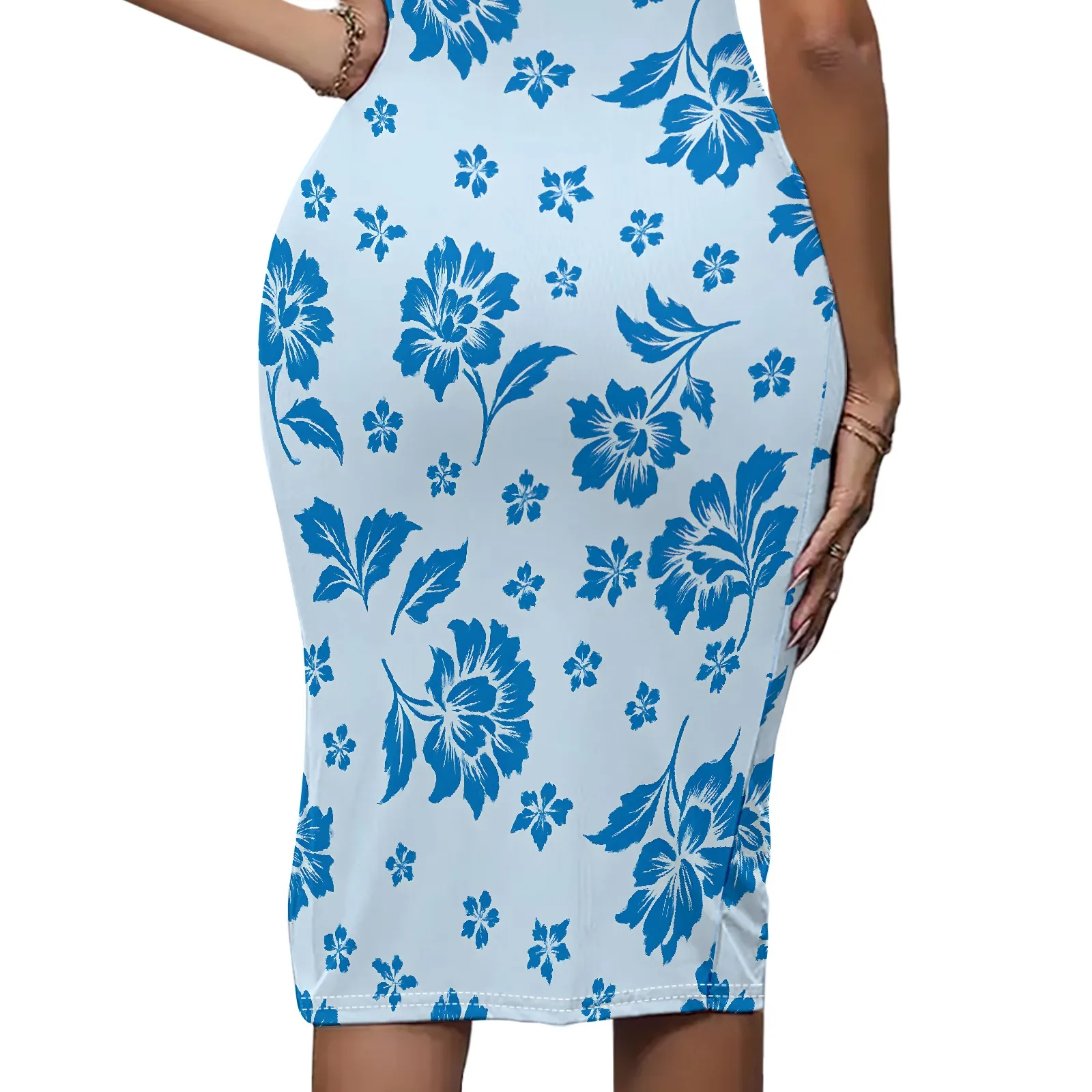 ผู้หญิงฤดูร้อนสบายๆชุดเดรสแขนกุดสแควร์คอ SLIM FIT น่ารักเซ็กซี่ Bodycon Sundress Beach Midi Dress