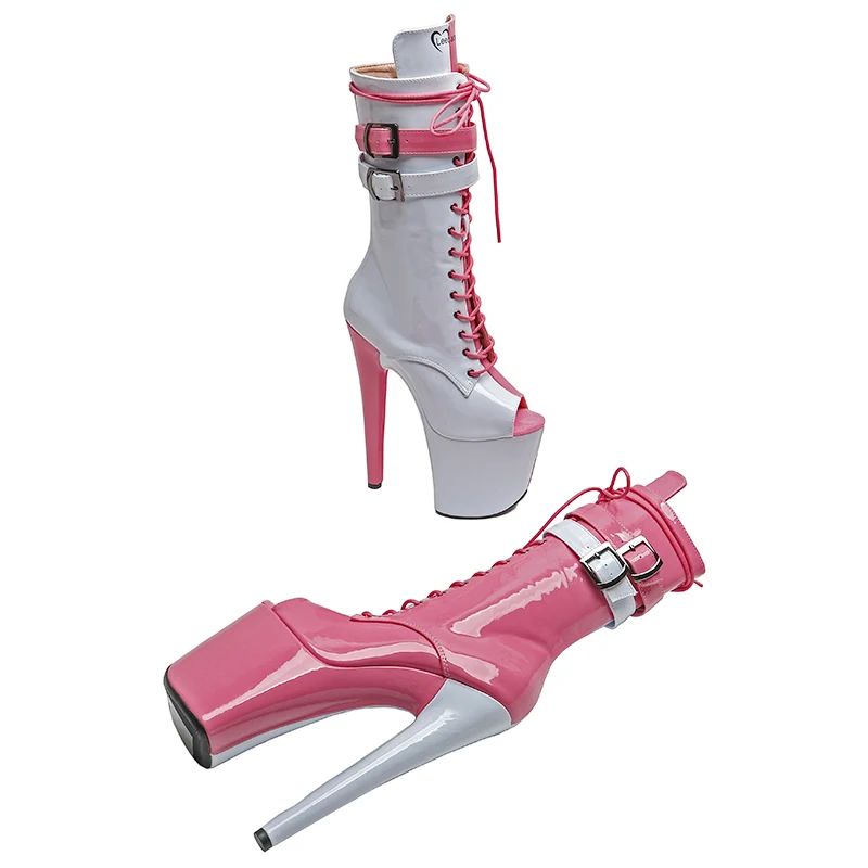 Leecabe  20CM/8inches  Patent  upper Pink-White High Heel platform Boots Trend fashion stripper heel  Pole Dance booties