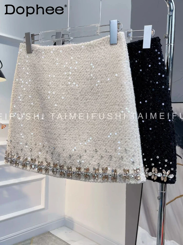 

Sequined Tweed Temperament Short Skirt Women High-end Luxury Rhinestone Skirt Autumn 2024 New A-shaped Black Hip Skirt