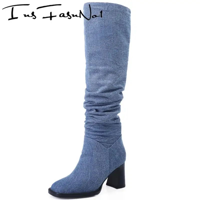 Retro Pleated Stacked Blue Denim Knee High Women Boots Solid Square Toe Slip On High Heels Concise Sexy Elegant Ladies Shoes