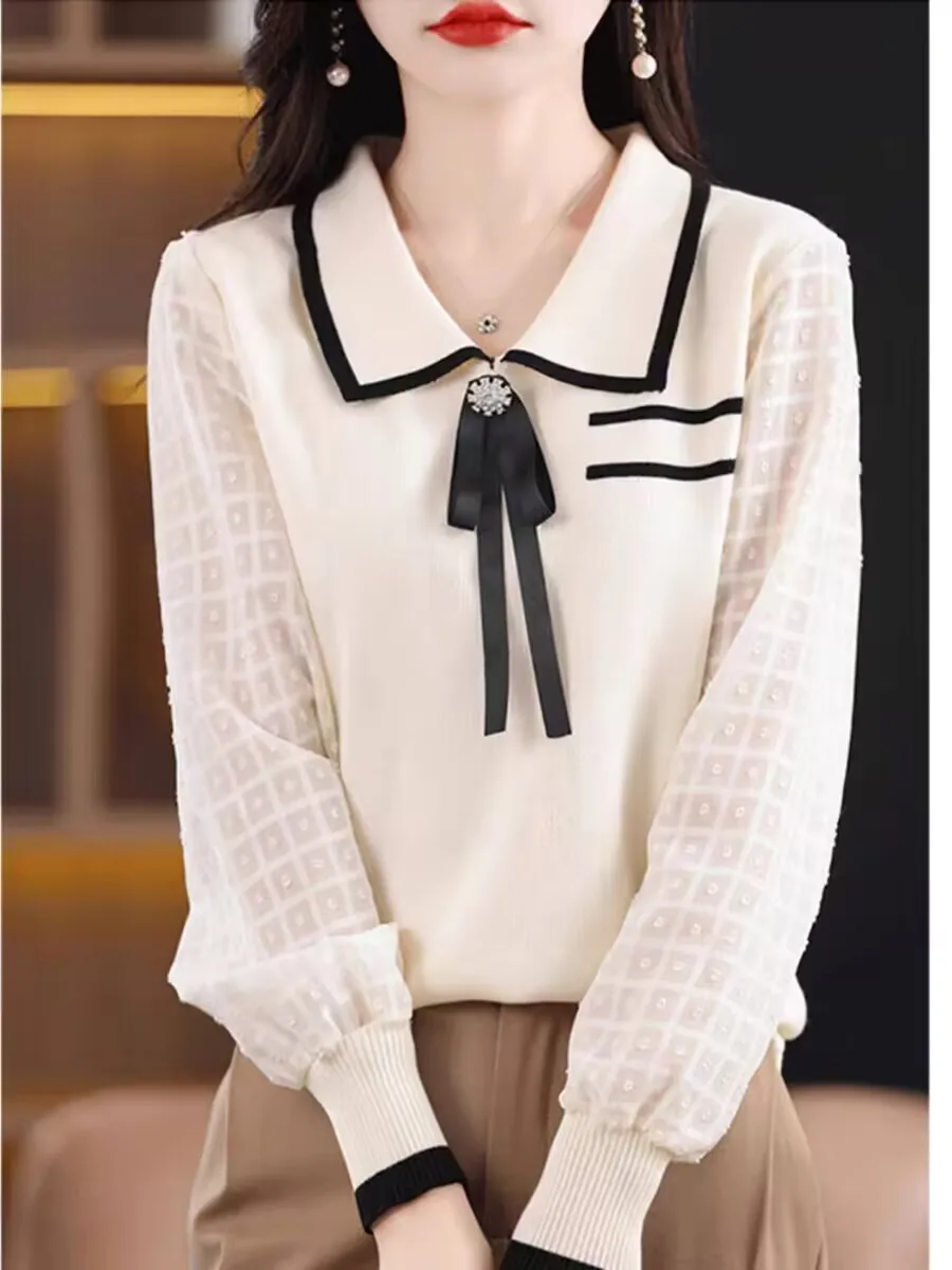 2024 Long Sleeve Chiffon Shirts Tops autumn winter Solid women's pullover Peter Pan Collar 3D-decoration Female Sweet