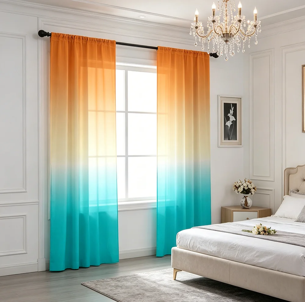 2PCS Orange Blue Gradient Sheer Curtains, Ombre Color Print, Rod Pocket Window Drapes for Bedroom Living Room Home Decor