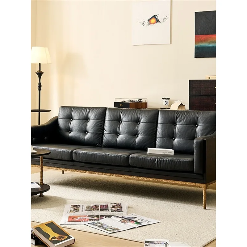 

British retro three-person oil wax leather sofa medium antique solid wood frame sofa single-person