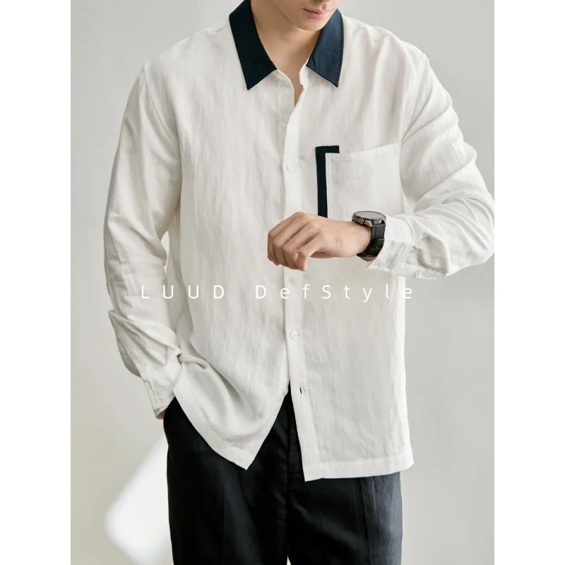 Lyocell Linen Blend Long Sleeved Shirt for Men Spliced Pockets Collar Shirt Men's Loose Casual Business Shirts Men Clothing