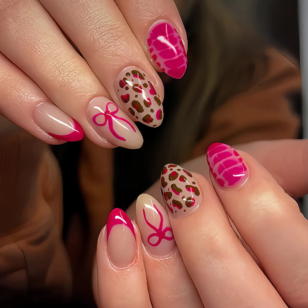 

24PCS Sweet Cool Almond Stick on Nails Hot Girl Pink Bow with Simple Leopard Print French False Nails for Women Autumn Fake Nail