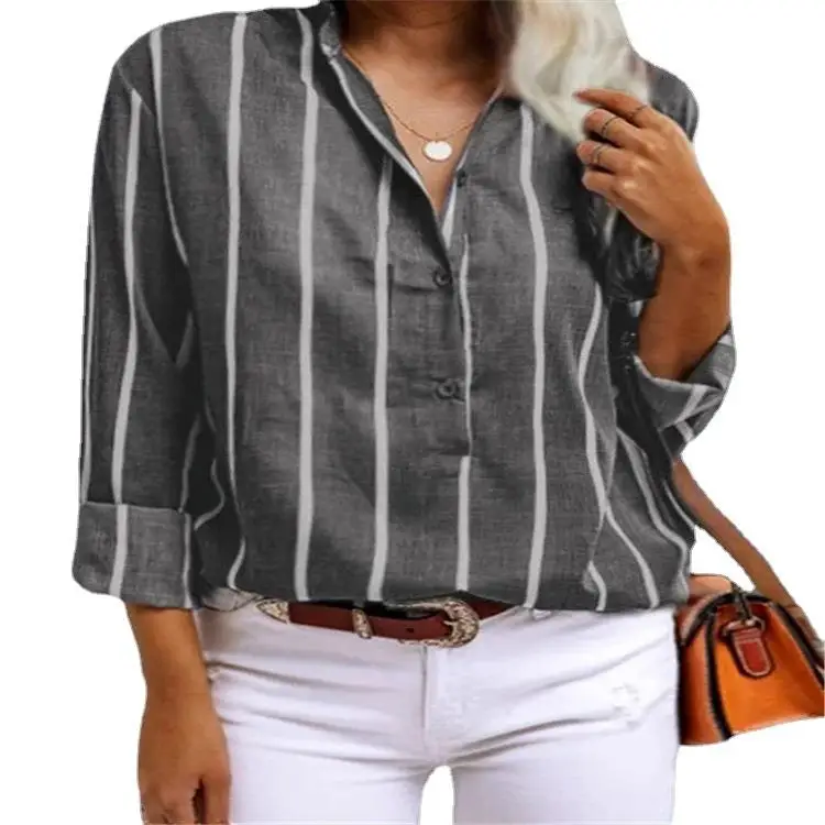 Women's Striped irt f Open Collar Long Sve Straight Cut Polyester Fiber Resistant to Deformation Summer Faion Ladie...