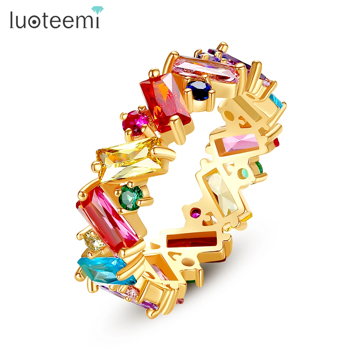 LUOTEEMI 2021 New Trendy Multicolor Rainbow Square Cubic Zircon Finger Rings for Women Sliver Color Gold Color Finger Rings