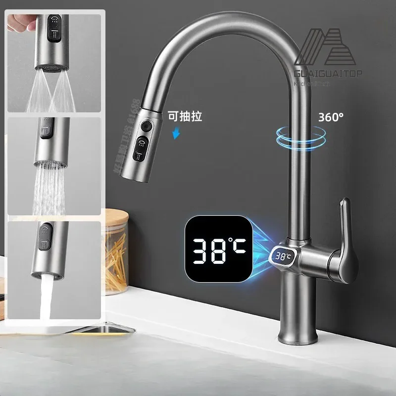 

Kitchen Pull-out Faucet with Full Copper Digital Display Kitchen Sink Vegetable Basin Hot and Cold Pull-out Rotary Faucet Bag