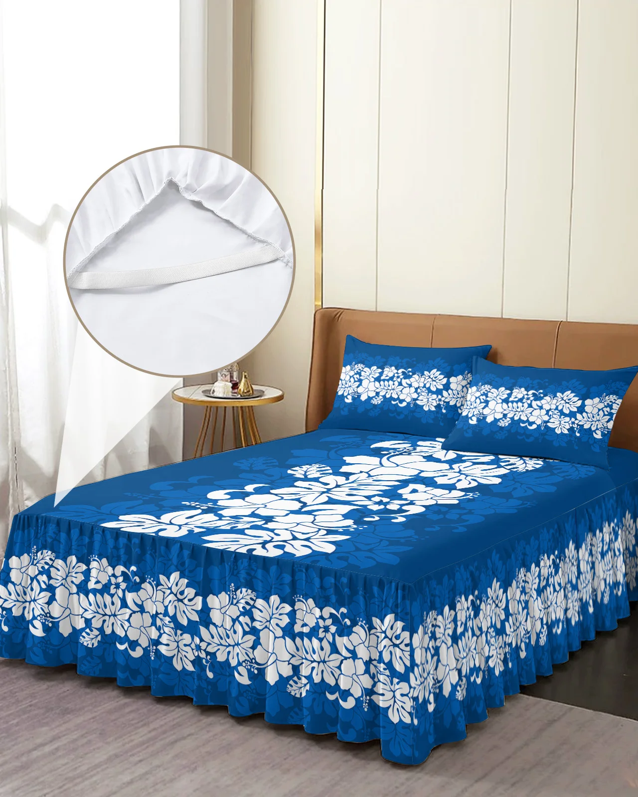 

Hawaiian Tropical Flower Blue Bed Skirt Elastic Fitted Bedspread With Pillowcases Mattress Cover Bedding Set Bed Sheet