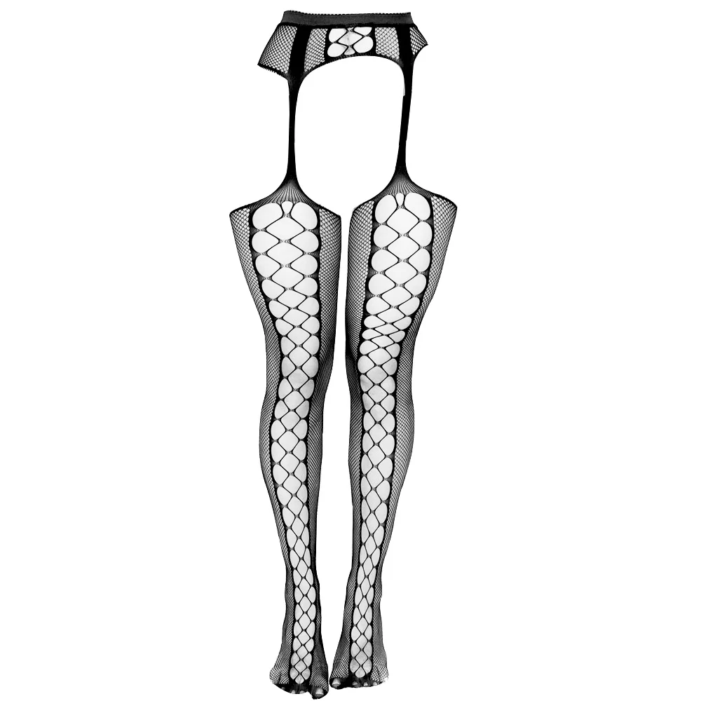 شبكة سوداء بدون فتحة شبكية نايلون جوارب شبكية ، مثيرة مفتوحة بين الفخذين ، جوارب طويلة شبكية مع الوصول إلى حجر الراين ، ملابس داخلية ضيقة