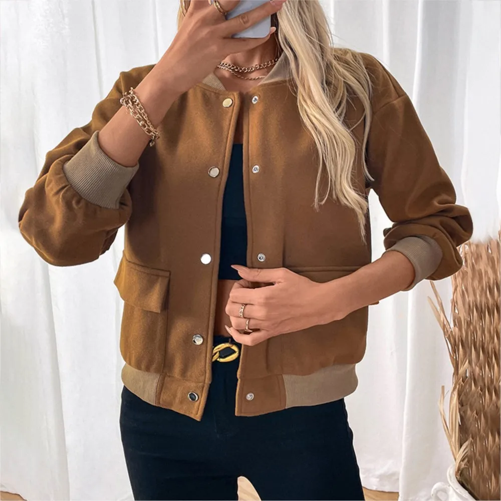 Women's Clothing Retro Casual Simple Style Contrast Color Cardigan Button Baseball Collar Jacket Commuting All-match Vintage