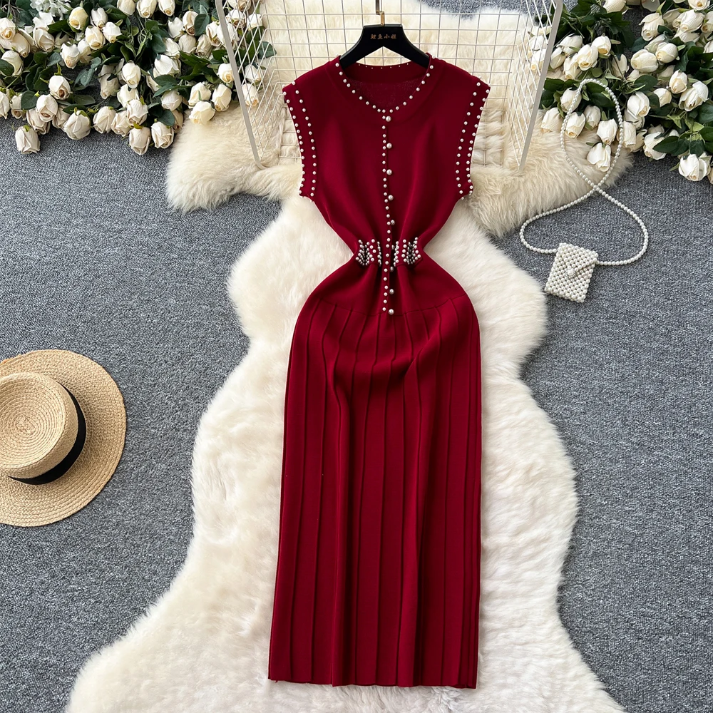 YuooMuoo Marke Mode Luxus Gestrickte Lange Party Kleid 2023 Frühling Sommer Frauen Elegante Perlen Plissee Bodycon Pullover Kleid