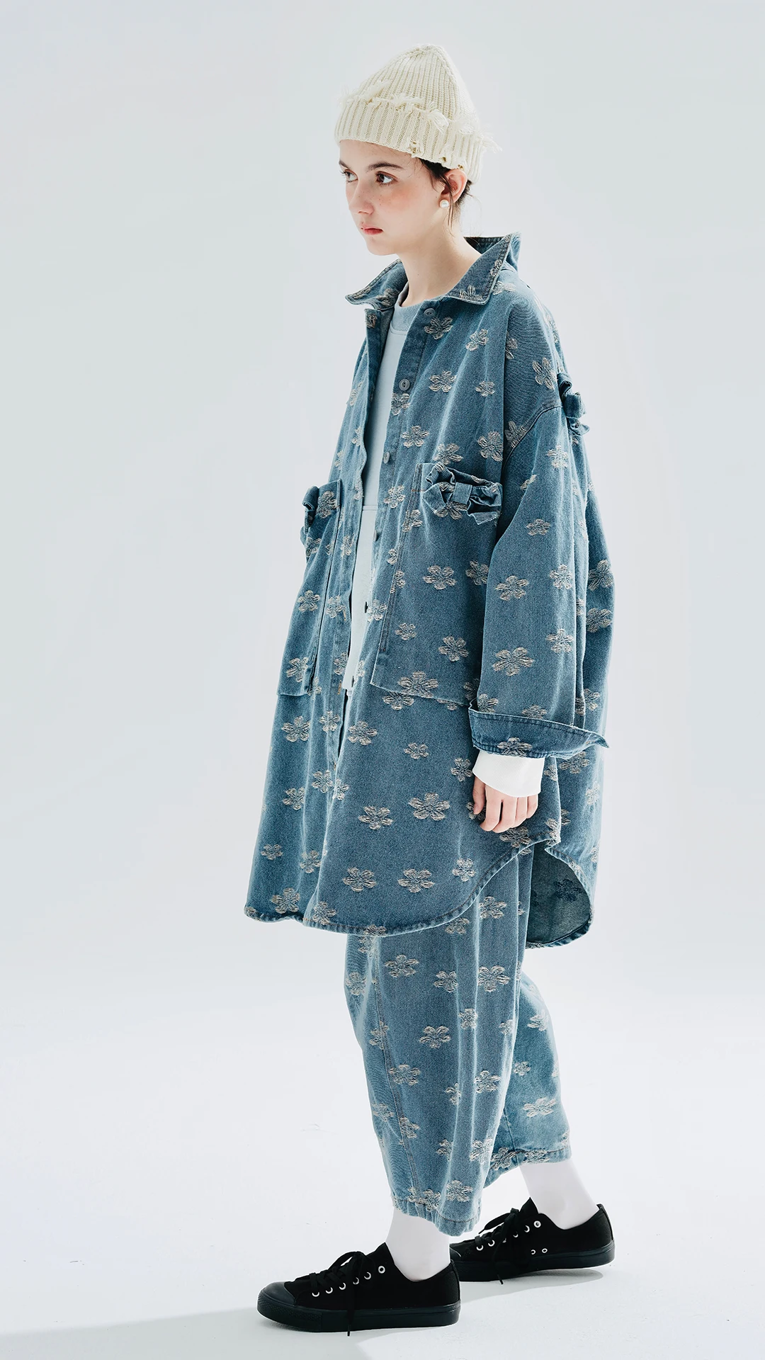 imakokoni 2023 autumn new cotton yarn-dyed jacquard denim shirt coat women thin model 234208