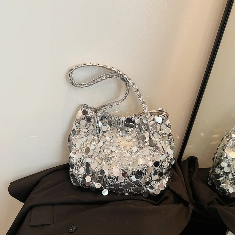 Portable Sparkling Sequin Shoulder Bags Large Capacity Zipper Closure Tote Bag Solid Color Fashion Handbag Women