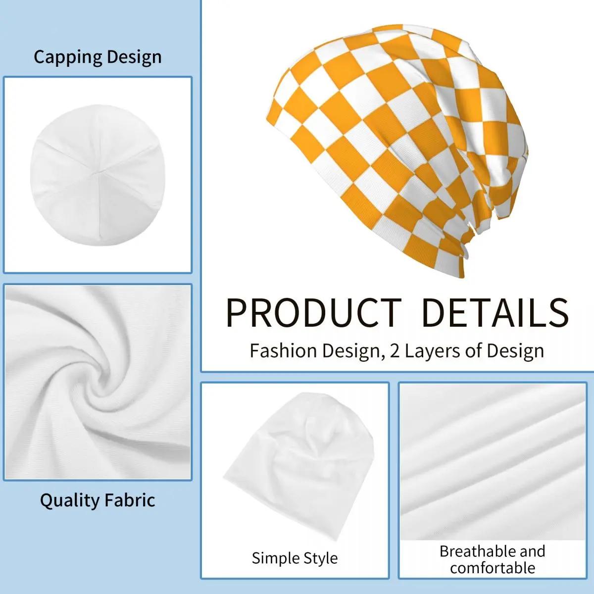 البرتقالي والأبيض الشطرنج بونيه قبعة أزياء الشارع Skullies Beanies القبعات للرجال النساء قبعة دافئة ذات الاستخدام المزدوج