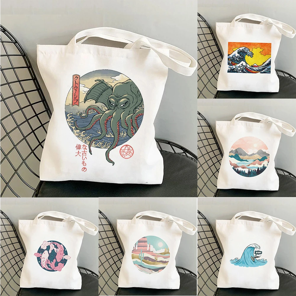 

Большая волна в японском стиле с принтом Canva Tote Bag Harajuku Сумка на одно плечо Сумка для покупок для внешней торговли
