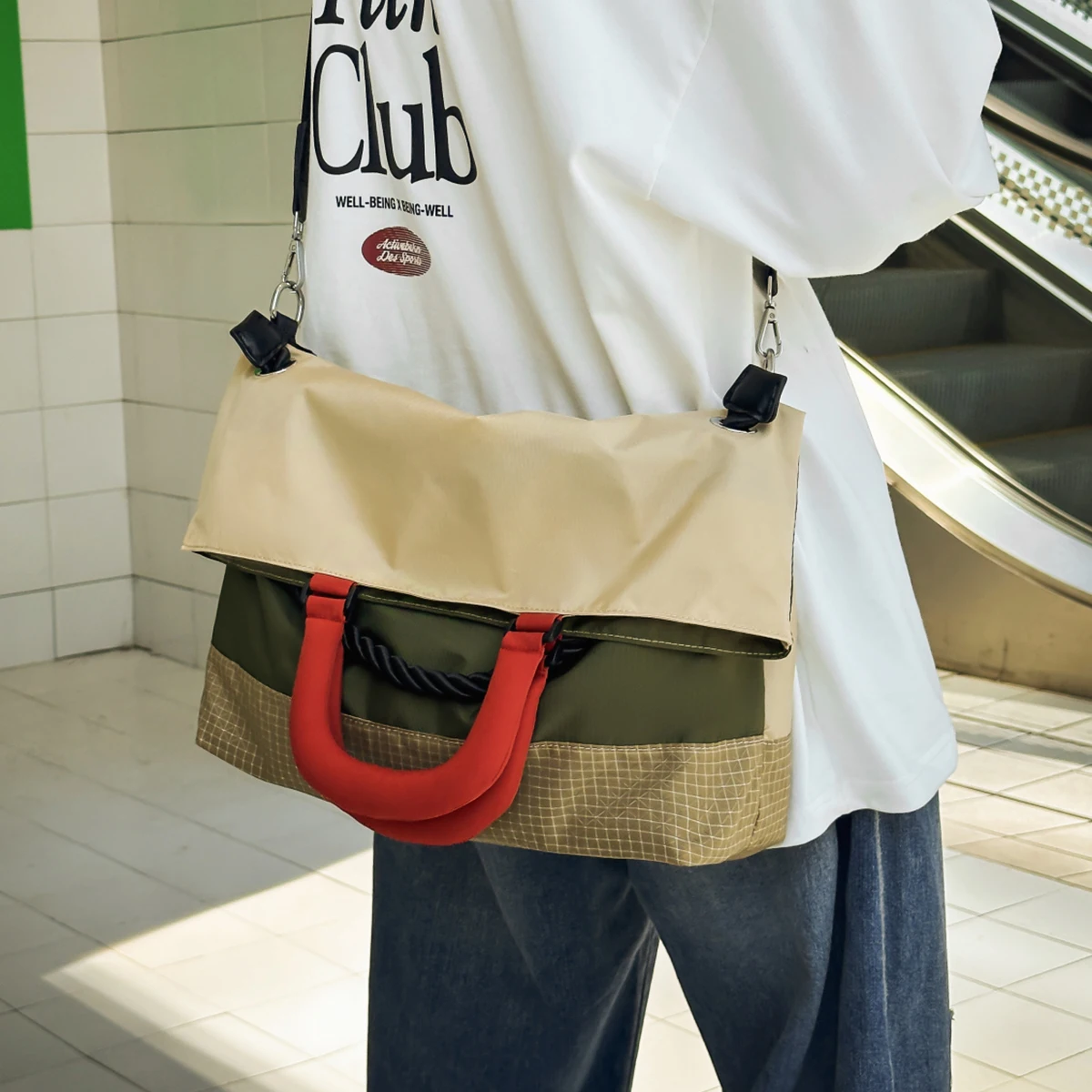 Japanese-Style Original Design Crossbody Bag for Women, Thick Canvas Tote Bag for Commuting, Casual Artistic College Shoulder Bag, Sports Hiking Bag
