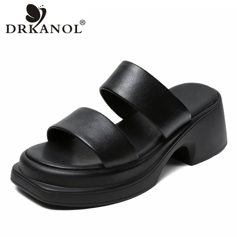 DRKANOL Fashion Concise Women Slippers Summer Sandals Solid Color Genuine Leather Open Toe Thick High Heel Modern Slippers Black